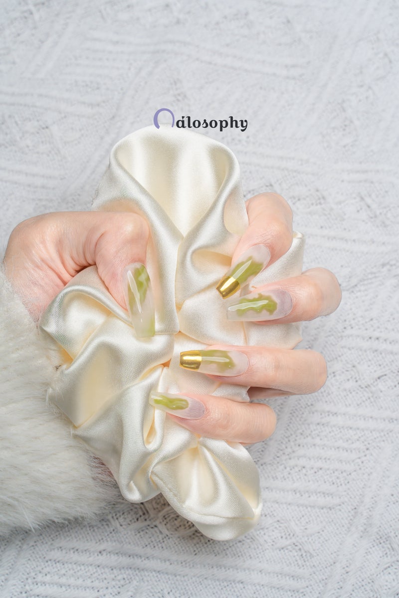 Nailosophy Handmade Gel Press-on Nails Abstract Matcha Swirl & Gold Chrome | Coffin Shape - Image 4